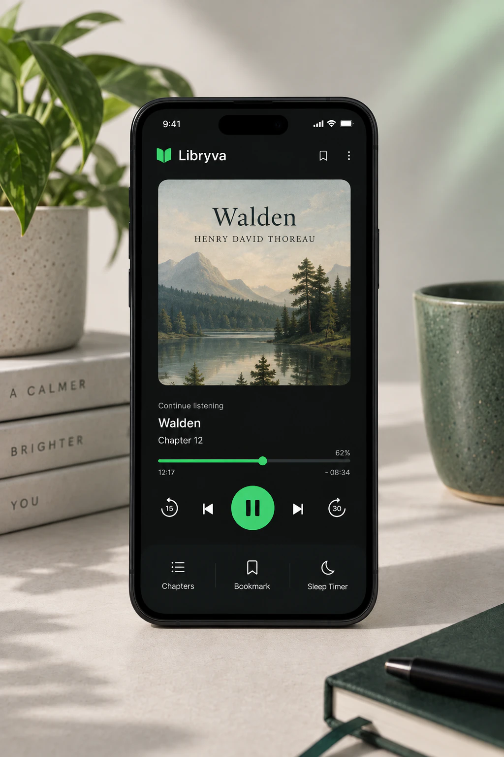 Centered phone displaying the Libryva audiobook player with Walden cover art, playback progress, transport controls, and the Library tab selected.