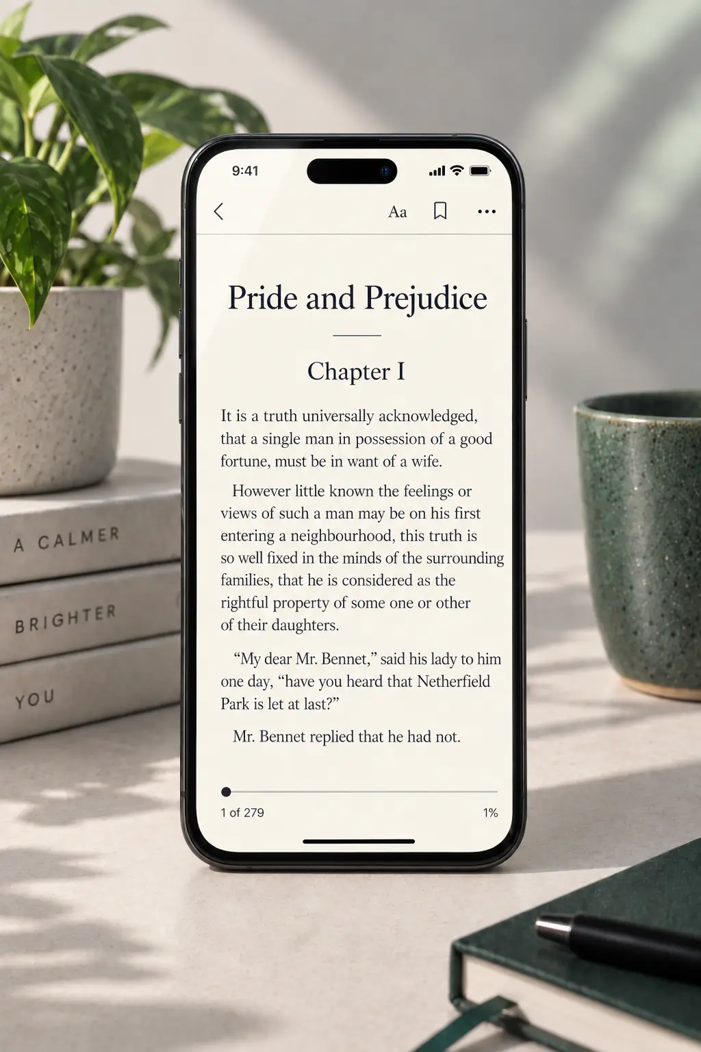 Phone displaying the Pride and Prejudice reader with Chapter I text, typography and bookmark controls, and reading progress.