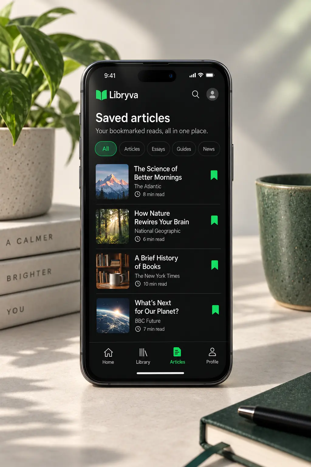 Centered phone displaying the Libryva saved articles screen with clipped web stories, reading times, filters, and the Articles tab selected.